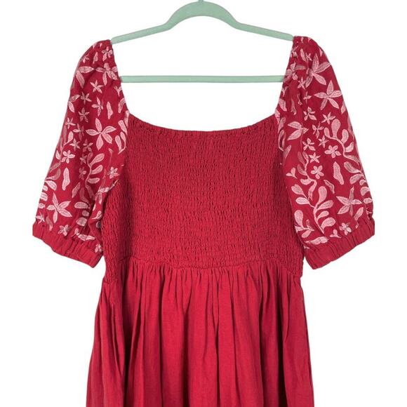 MerSea Voyageur 100% Linen Dress XL Red Embroidered Puff Sleeve Mini Beachy - Picture 7 of 12